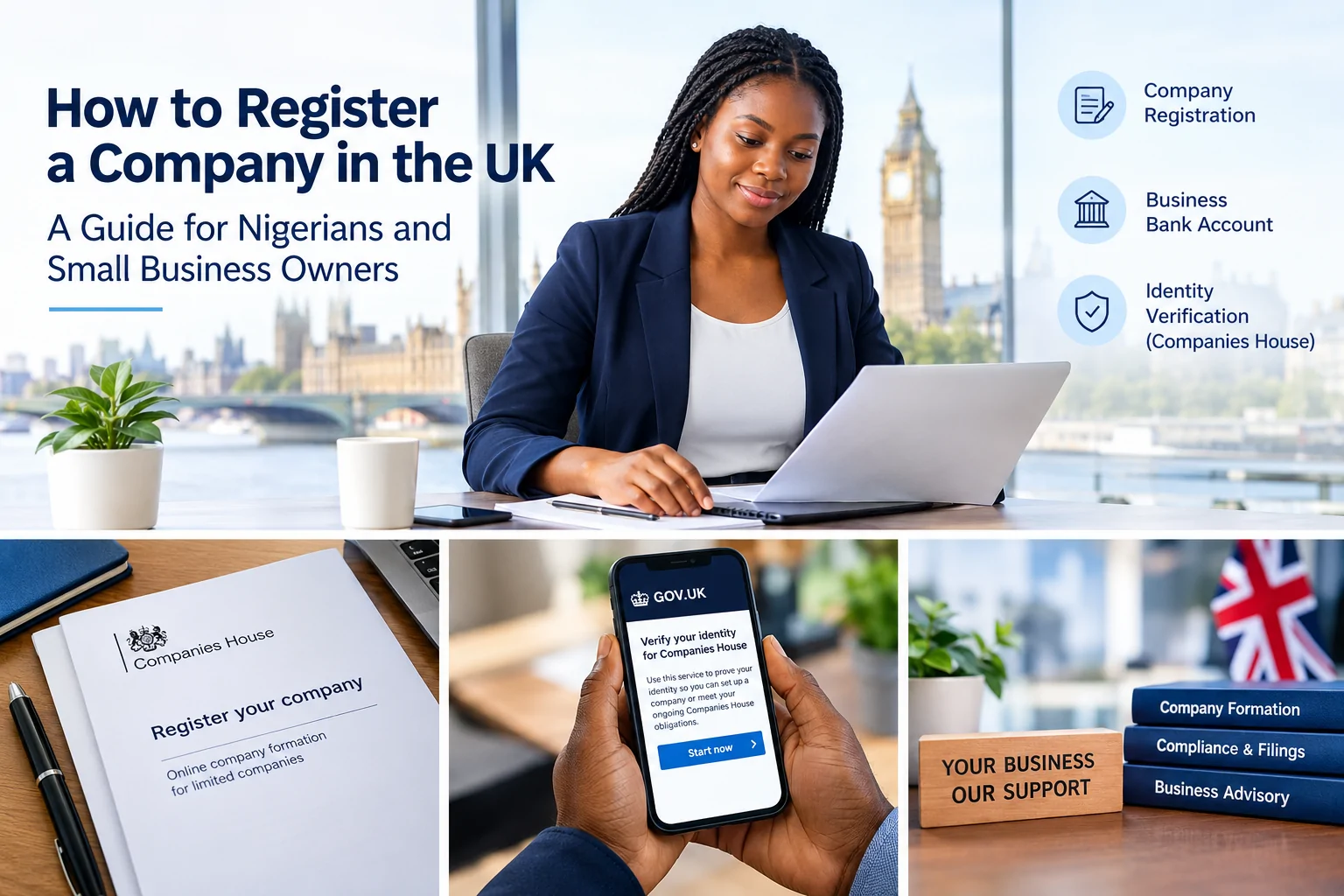 How to register a company in the UK: A Nigerian entrepreneur reviewing company registration documents, business banking and companies house identity verification.